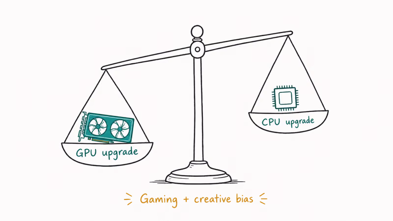 Hand-drawn balance scale tipped toward a GPU upgrade over a CPU upgrade for gaming and creative workloads