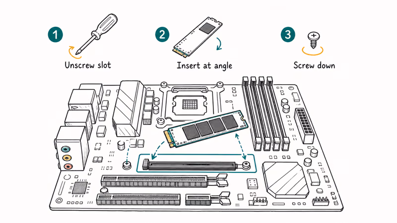 Hand-drawn motherboard with M.2 SSD insertion steps numbered for unscrew insert and screw down