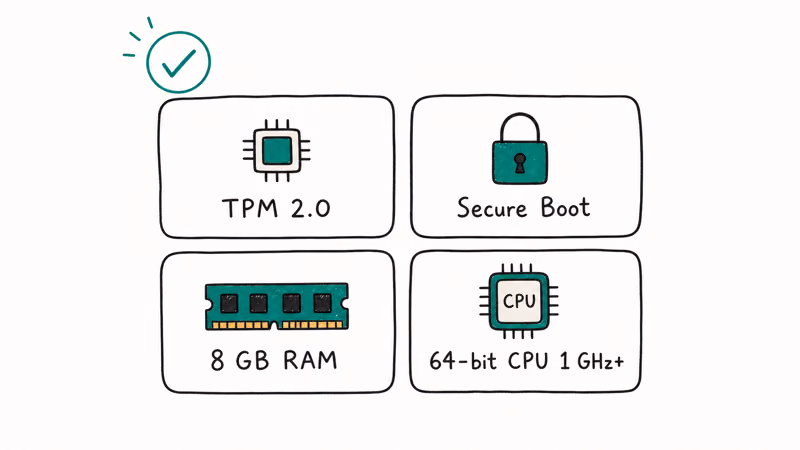 Hand-drawn grid of four Windows 11 upgrade requirements TPM Secure Boot RAM and CPU with a green check