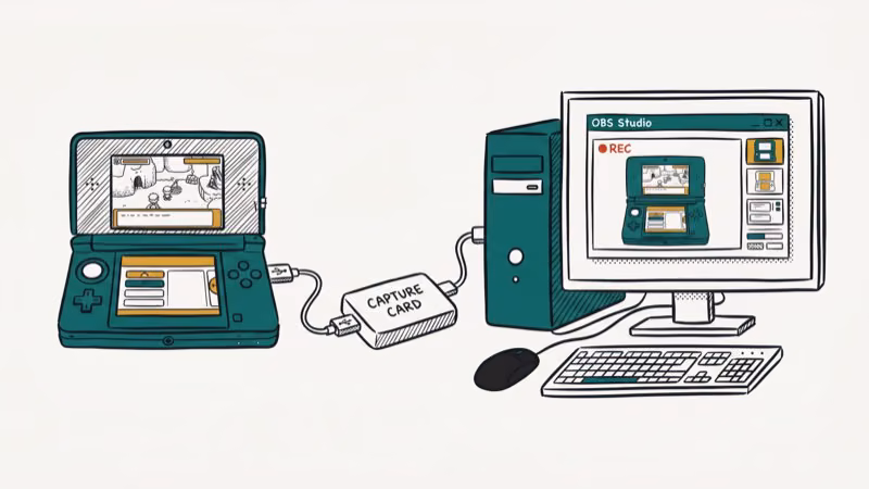 Nintendo 3DS connected via USB cable to PC with capture card device in between and recording software on screen