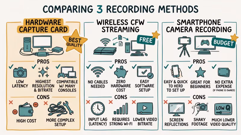 Three recording method comparison showing capture card best quality, wireless CFW free, and smartphone camera budget options