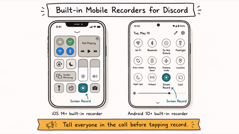 Side-by-side iPhone and Android screen showing built-in screen recorders for capturing Discord calls.