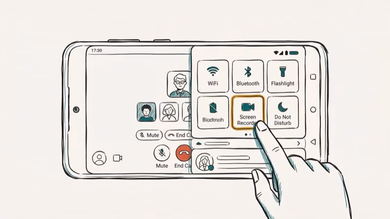 Android phone with Quick Settings panel pulled down showing Screen Recorder tile being tapped during video call