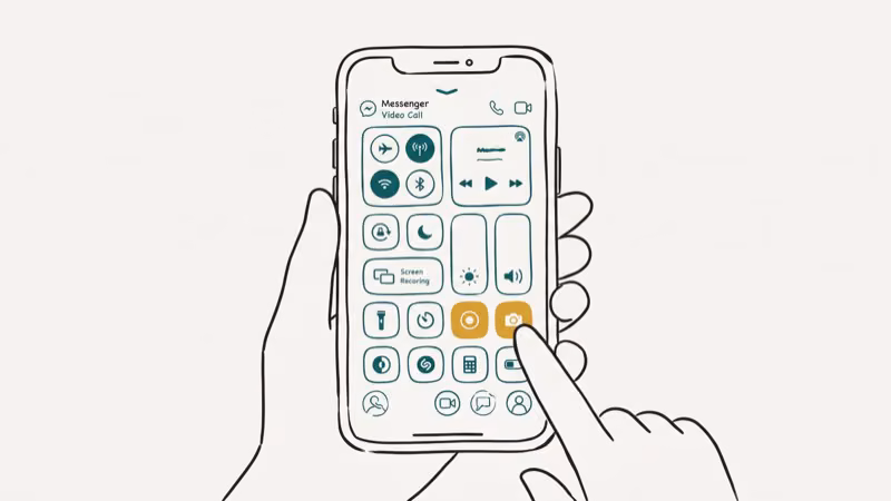 iPhone Control Center open with Screen Recording button highlighted while Messenger video call is in background