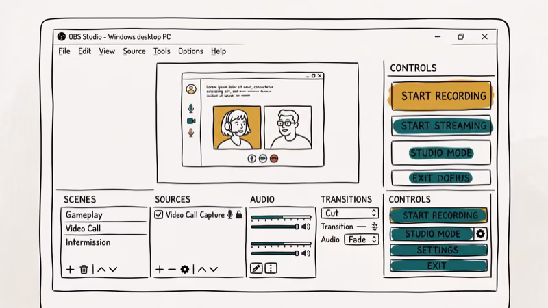 OBS Studio interface on Windows PC with Messenger video call window captured as source in scene list