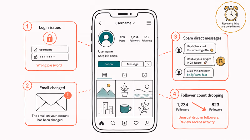 Warning signs an Instagram account is hacked: lockout, changed email, and spam direct messages