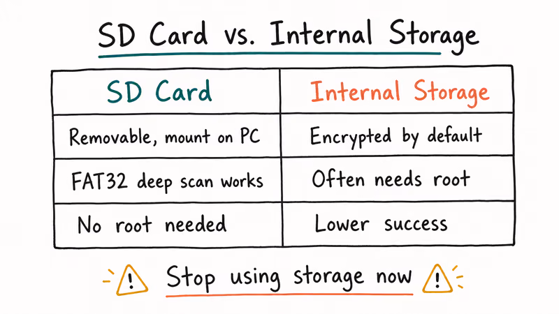 Two-column comparison weighing SD card recovery versus internal storage limits for deleted call audio files