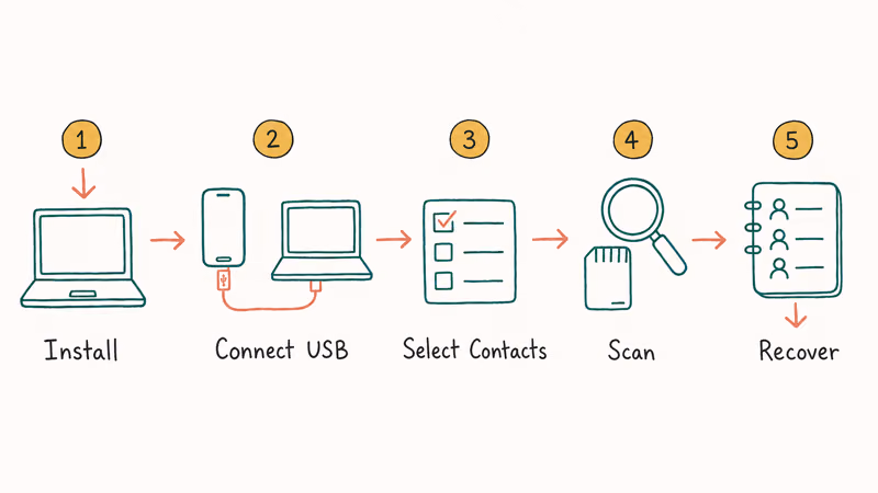 Hand-drawn five-step illustration of installing dr.fone, connecting USB, scanning, and recovering contacts