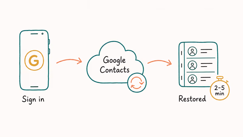 Hand-drawn diagram showing Google account sign-in syncing contacts back to an Android phone in minutes