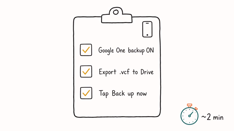 Hand-drawn clipboard checklist of Google backup steps to take before factory resetting an Android phone