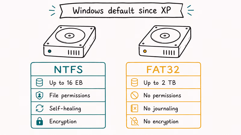 NTFS versus FAT32 hard drives compared on capacity permissions journaling and encryption