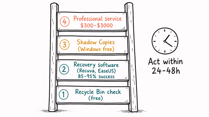Four step NTFS recovery ladder from Recycle Bin to recovery software shadow copies professional