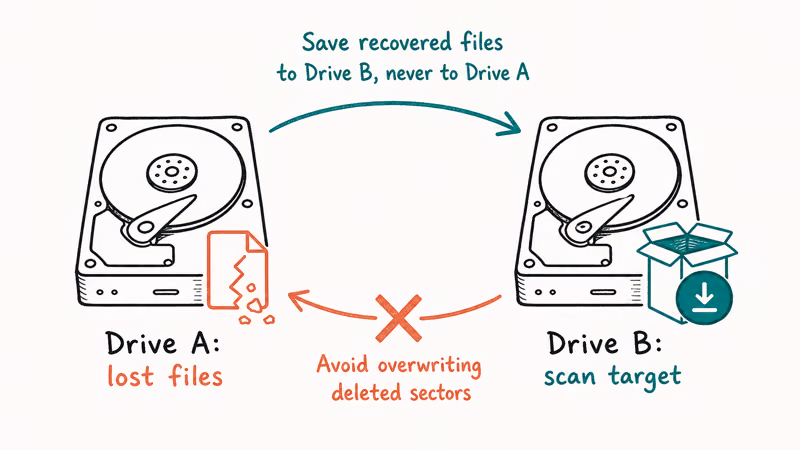 Two drives showing recovery software installed on separate drive to avoid overwriting deleted sectors