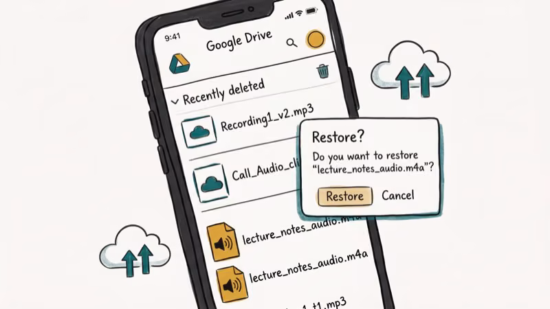 Google Drive interface on phone showing recently deleted audio files with restore option and cloud storage icons