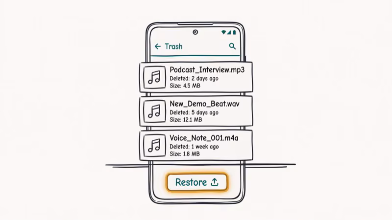 Android phone showing Google Files app with Trash folder open listing deleted audio files and restore button