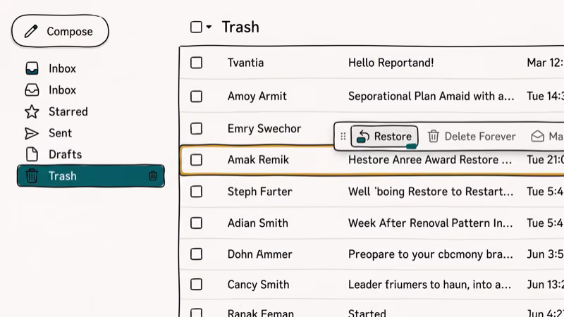 Gmail inbox with Trash folder selected in sidebar showing highlighted email with Restore button in context menu
