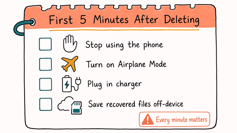 Hand-drawn checklist of urgent steps after deleting Android photos including Airplane Mode and charger