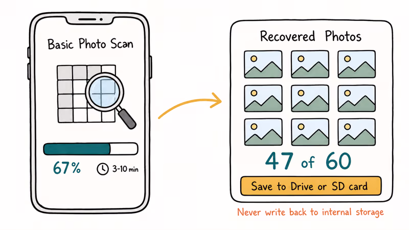 DiskDigger basic photo scan screen with progress bar and a recovered photos results panel
