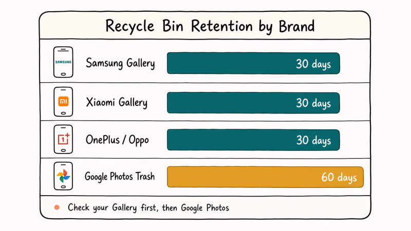 Comparison chart showing Recycle Bin retention windows across Samsung Xiaomi OnePlus and Google Photos