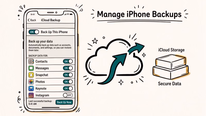 iPhone Settings showing iCloud Backup controls with Snapchat toggled on in the backup list and cloud icon