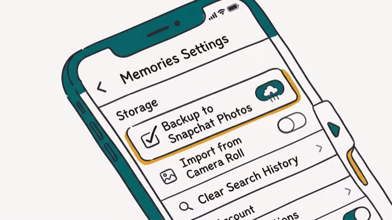 Snapchat app settings showing Memories backup options with Smart Backup and camera roll integration toggle enabled