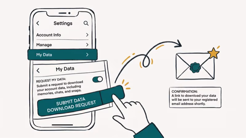 Snapchat app settings with My Data section open showing data download request being submitted with email envelope icon