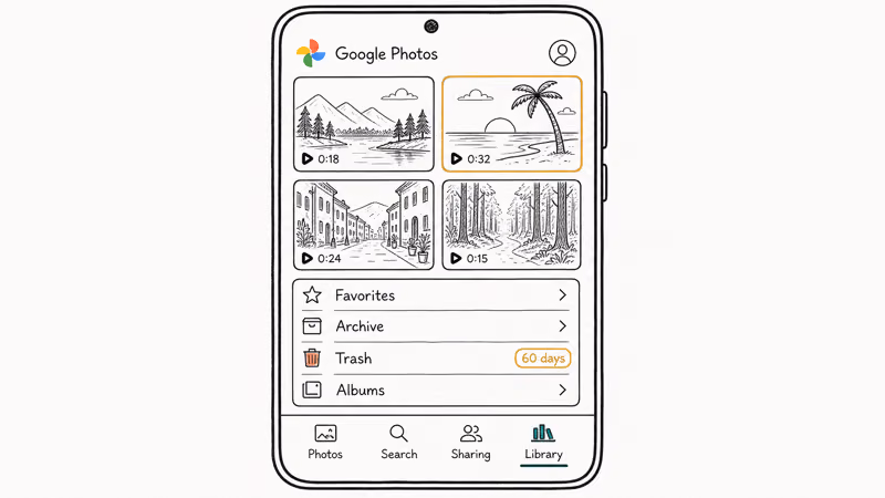 Google Photos Library tab showing Trash row with 60 day badge and video thumbnails available for restore.