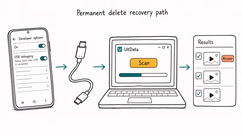 Phone connected via USB to laptop running UltData scan tool with video recovery results ready to select.