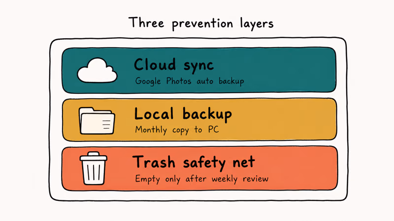 Stacked three layer prevention diagram for video loss with cloud sync local backup and trash review layers.