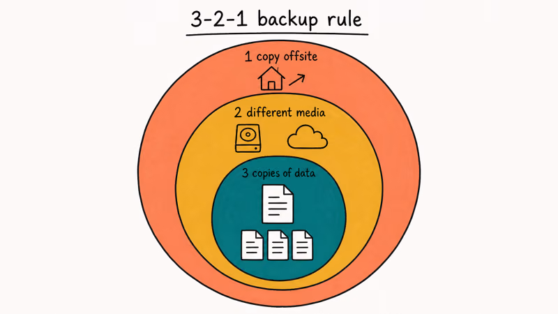 Three layer ring diagram explaining 3-2-1 backup rule for external hard drive data protection.
