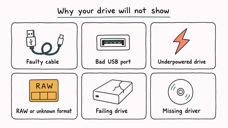 Six card diagnostic grid showing common causes for external hard drive detection failures.