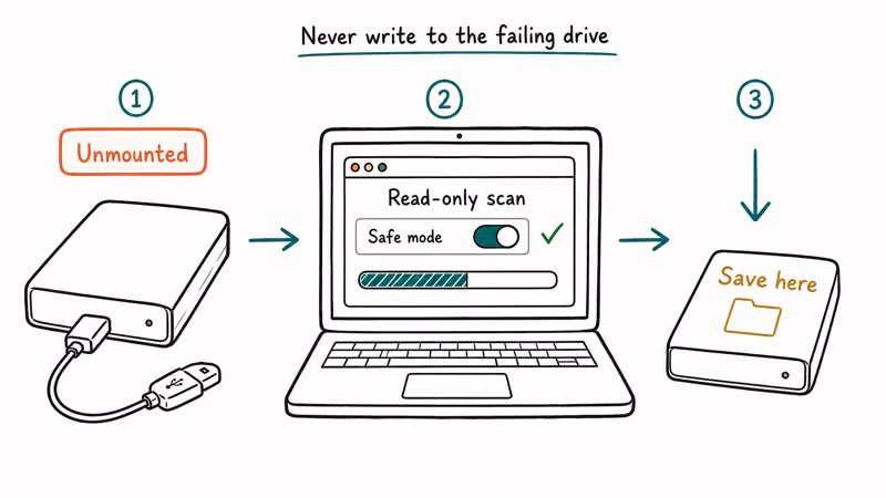 Three step recovery flow read only scan saving recovered files to separate destination drive.