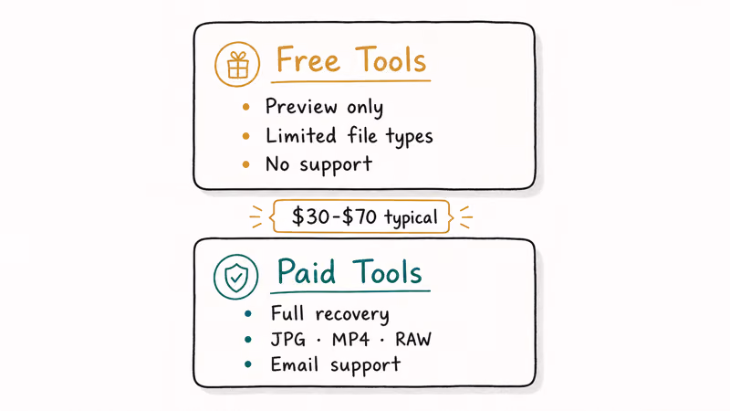 Two hand-drawn cards comparing free recovery tools with paid recovery tools by features and price range.