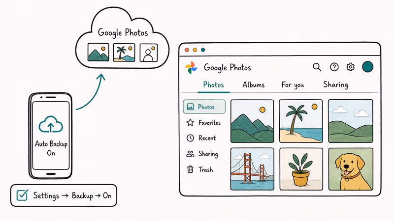 Hand-drawn flow showing Android phone with auto-backup on uploading photos to Google Photos cloud.