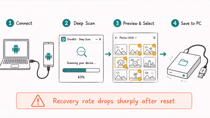 Four-station hand-drawn flow showing connect, deep scan, select thumbnails, save photos to PC with recovery warning.
