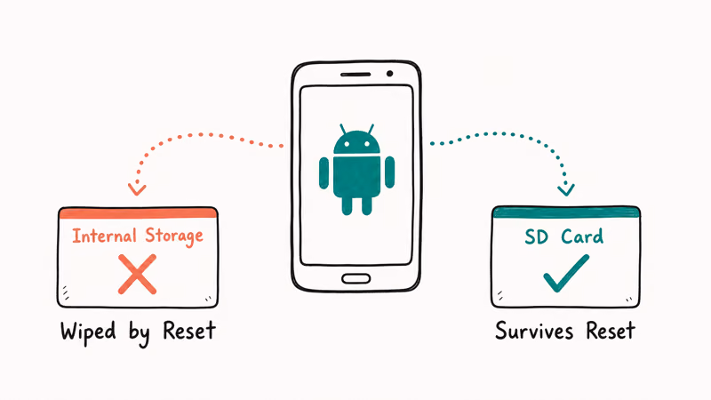 Two hand-drawn paths showing internal storage wiped during reset versus SD card storage surviving the reset.