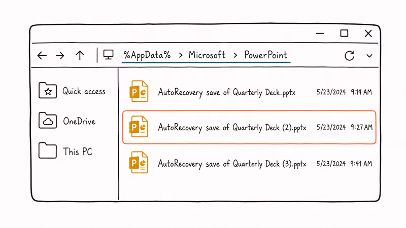 Windows File Explorer showing AppData Microsoft PowerPoint folder with AutoRecovery saved deck files listed.