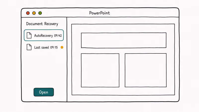 Mac PowerPoint Document Recovery side panel listing AutoRecovery and last saved versions ready to open.