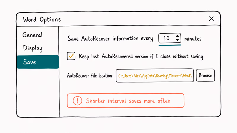 Word Options Save panel showing AutoRecover interval spinner checkbox option and file location field.