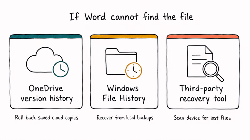 Three fallback options for Word document recovery OneDrive version history Windows File History third party tool.