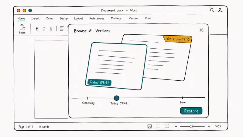 Mac Word Browse All Versions overlay with stacked earlier saves timeline slider and Restore button visible.