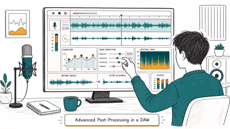 Hand-drawn illustration: Advanced Post-Processing in a DAW