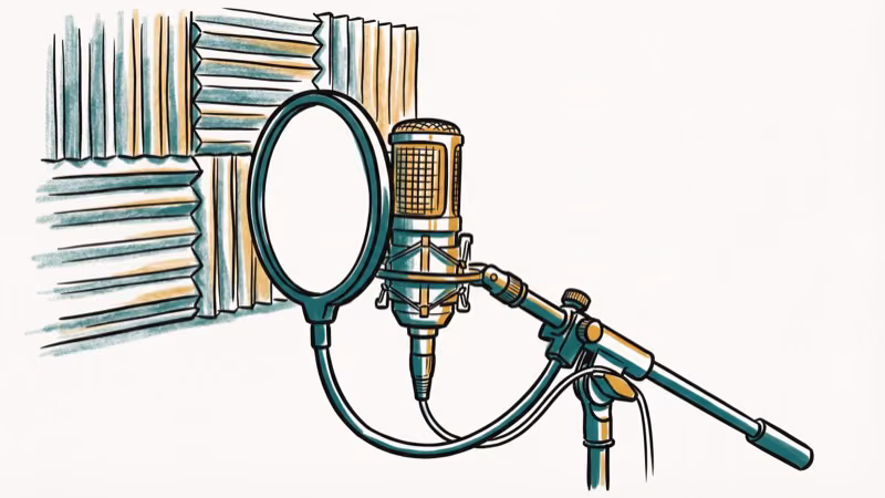 Condenser microphone on desk stand with pop filter and acoustic foam panels on wall