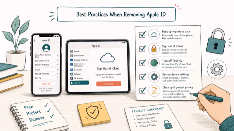 Hand-drawn illustration: Best Practices When Removing Apple ID