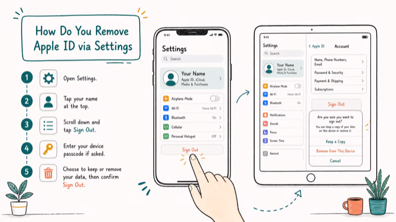 Hand-drawn illustration: How Do You Remove Apple ID via Settings on iPhone?