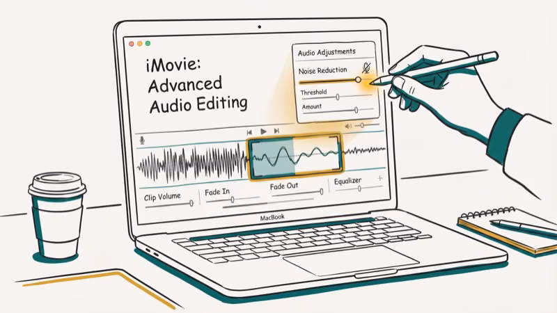 Mac laptop screen showing iMovie audio waveform with noise reduction sliders being adjusted
