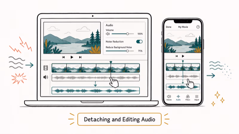 Hand-drawn illustration: Detaching and Editing Audio