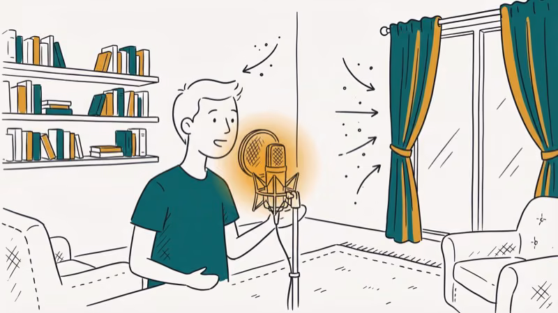 Person recording audio in quiet room with soft furnishings and curtains to absorb sound