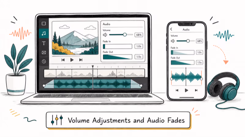 Hand-drawn illustration: Volume Adjustments and Audio Fades