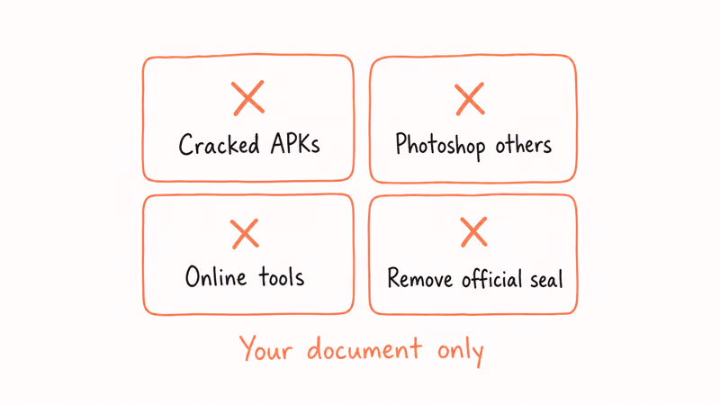 Hand-drawn grid of four CamScanner methods to avoid including cracked APKs Photoshop online tools and seals